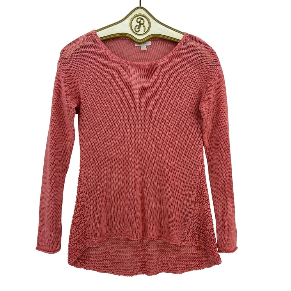 Garnet Hill Linen Sweater Coral Pink Knit Crochet High Low Boho Beach Womens XS